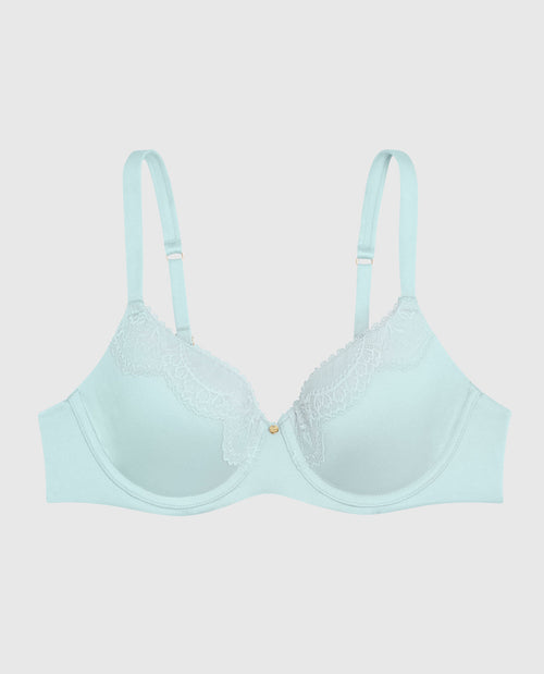 Lightly Lined Full Coverage Bra with Lace Overlay in Vista Blue