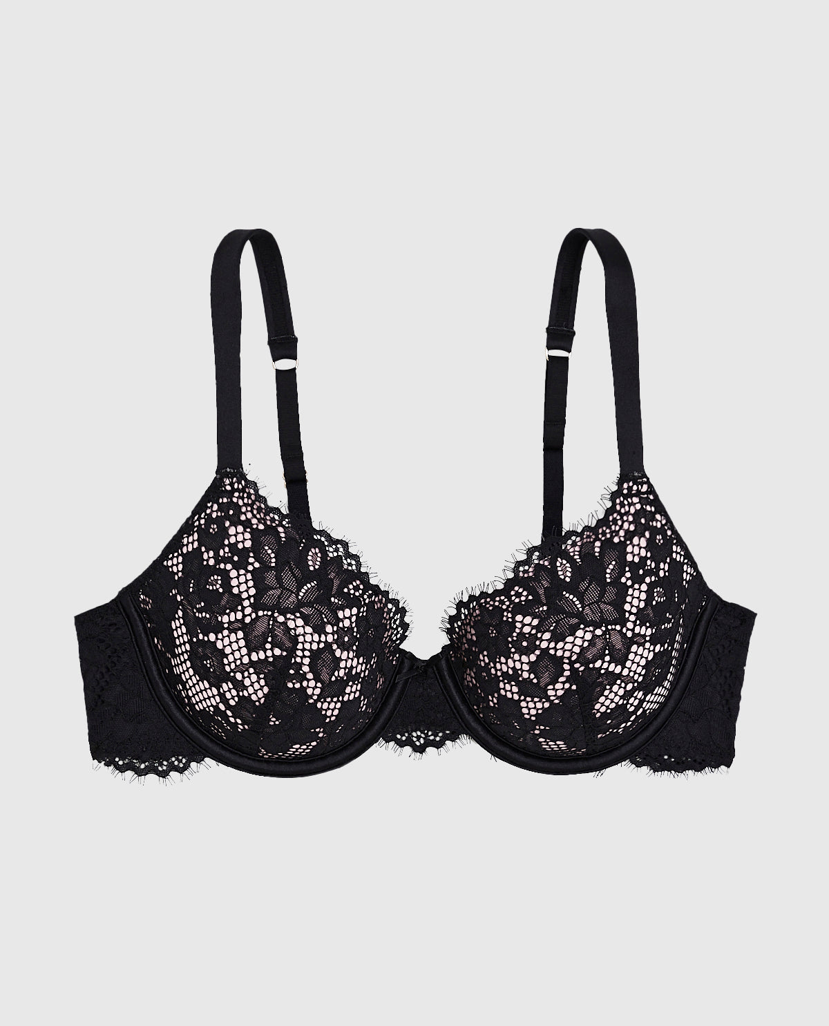 Lightly Lined Lace Full Coverage Bra in Black and Pink