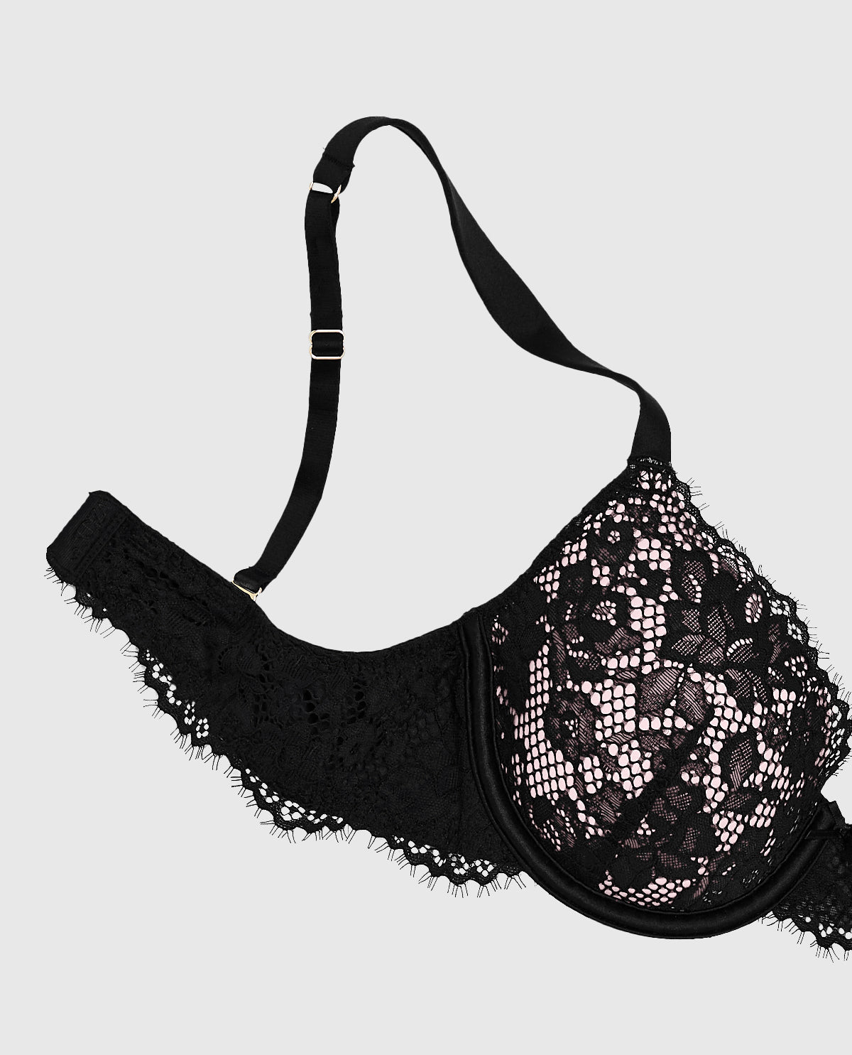 Lightly Lined Lace Full Coverage Bra in Black and Pink