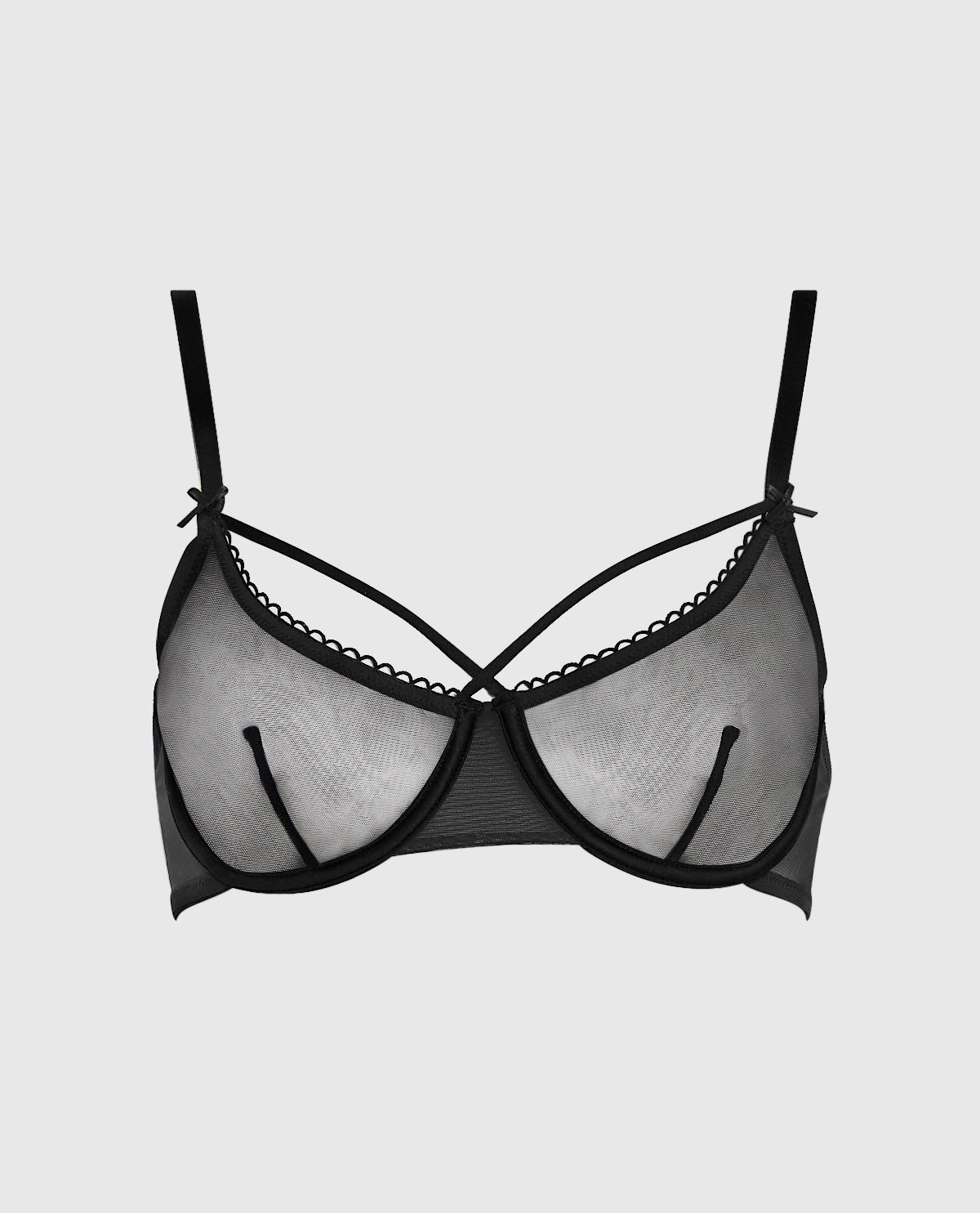 Unlined Mesh Bra with Picot Trim in Black