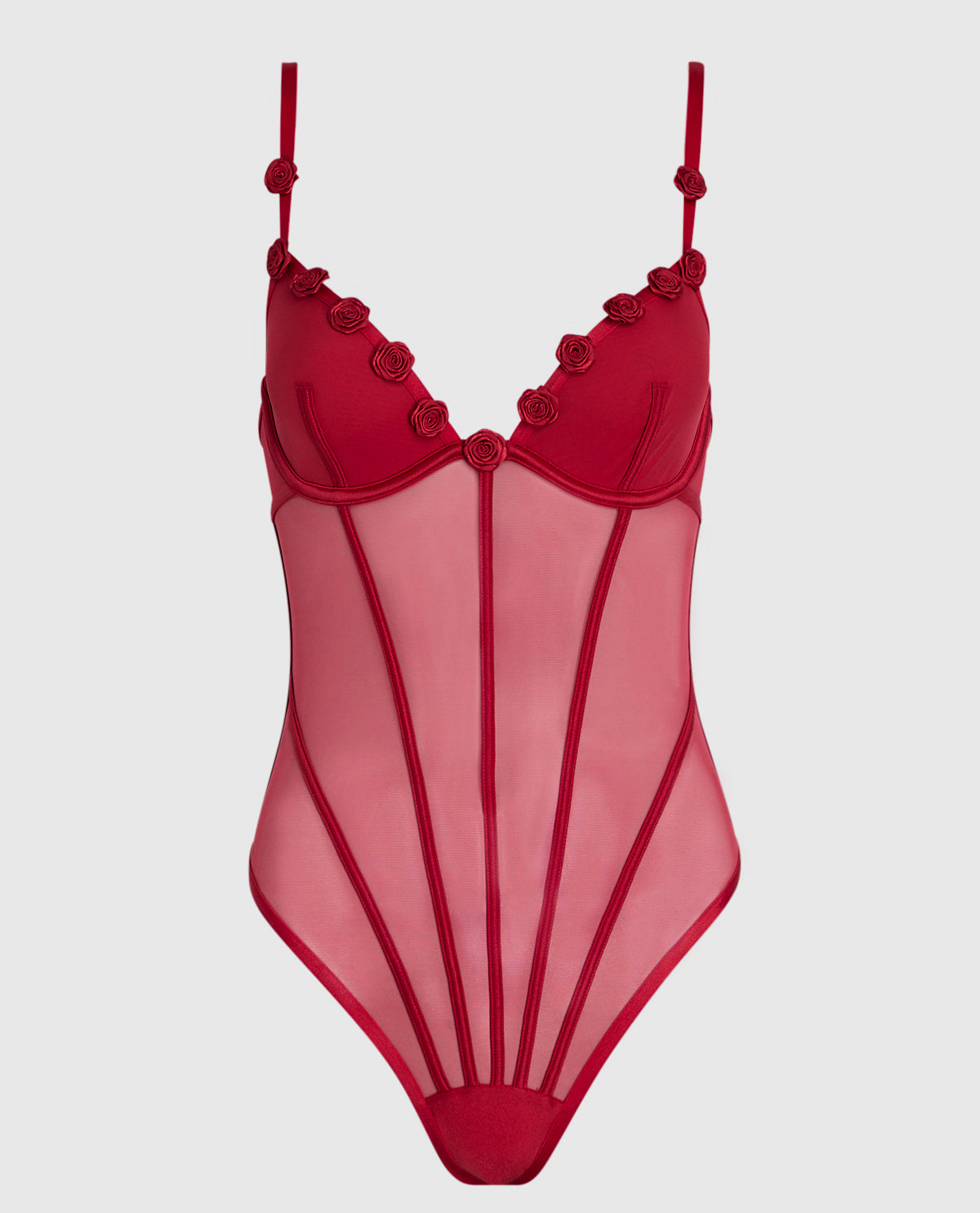 Unlined Mesh Bodysuit with Rosettes in Cosmo Red