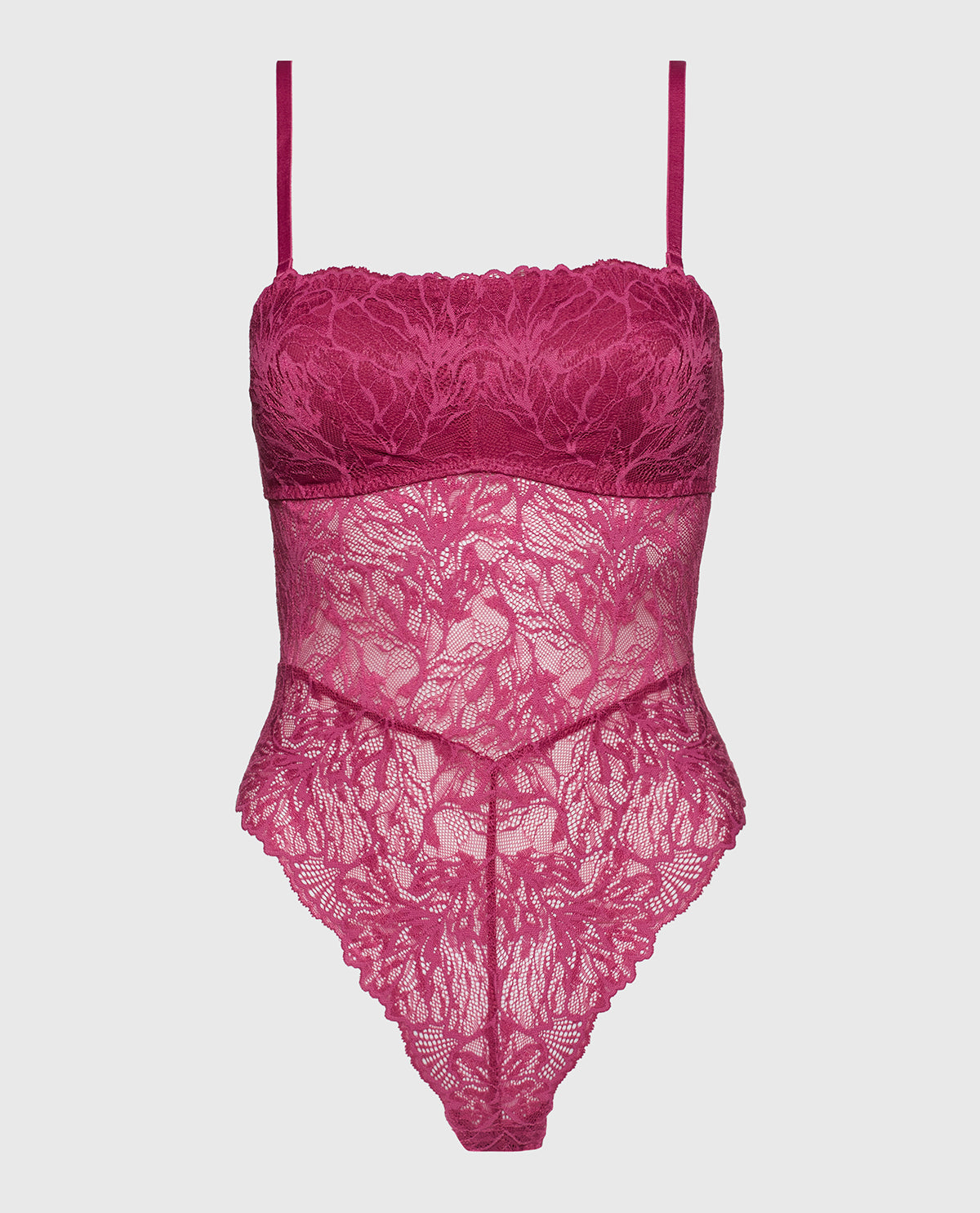 Allover Lace Open Back Bodysuit in Electric Rouge
