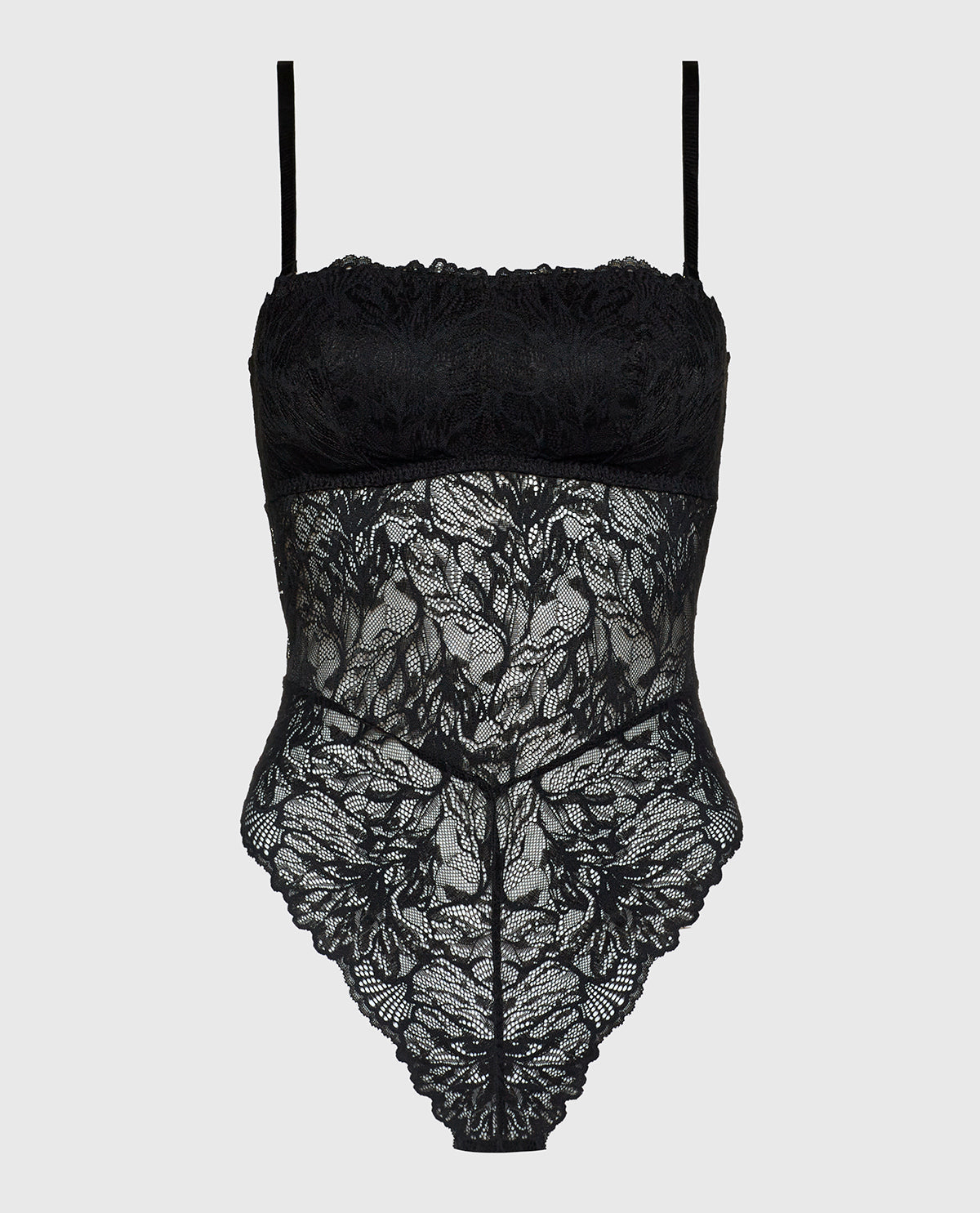 Allover Lace Open Back Bodysuit in Tuxedo Black