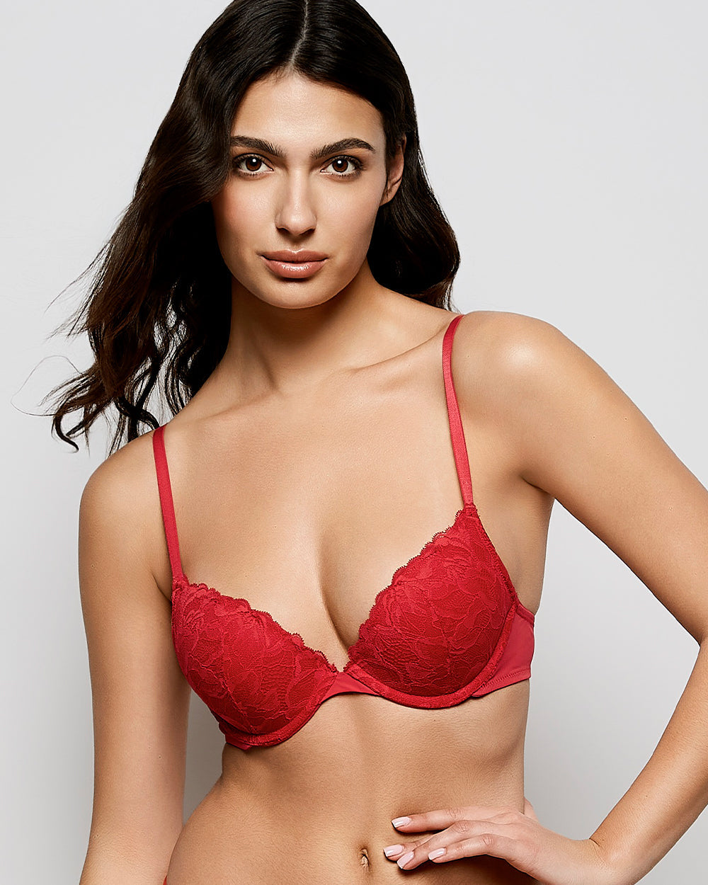 Push Up Plunge Bra with Lace in Cosmo Red