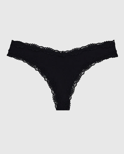 Thong Panty with Lace Trim in Black
