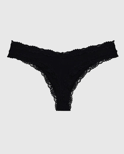 Thong Panty with Lace Trim in Black