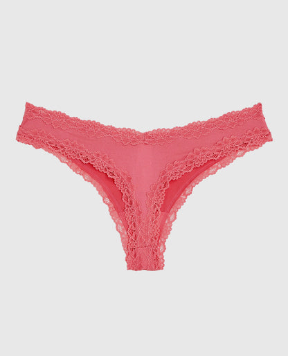 Thong Panty with Lace Trim in Romantic Pink