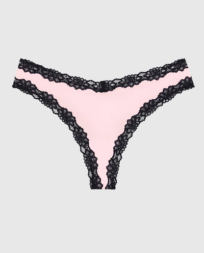 Thong Panty with Lace Trim in Pink-A-Boo