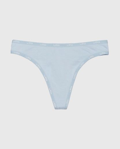 Thong Panty with Logo Trim in Subdued Blue