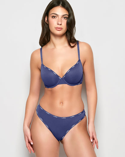 Thong Panty with Logo Trim in Dusk Blue