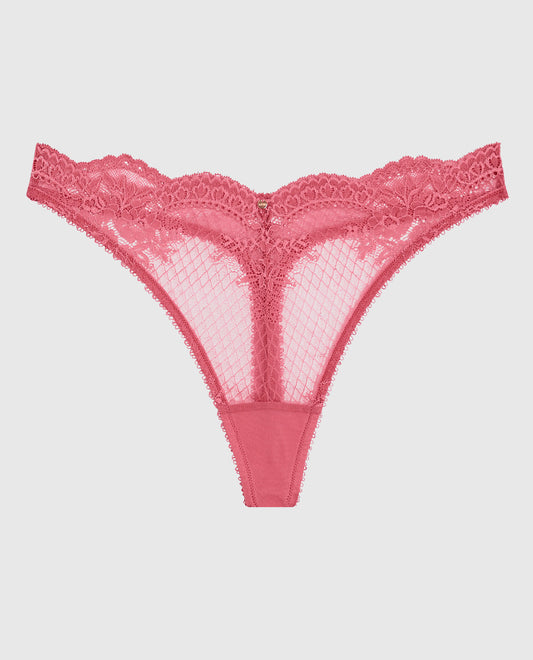 Lace High Leg Thong Panty in Romantic Pink