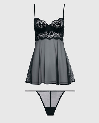 Unlined Balconette Lace Babydoll in Smoulder Black