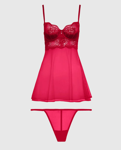 Unlined Balconette Lace Babydoll in Cosmo Red