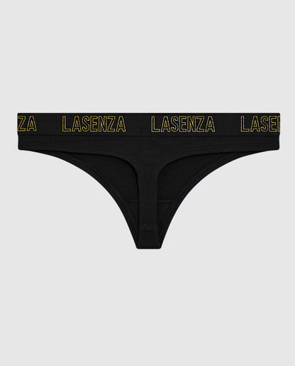 Thong Panty with Logo Band in Smoulder Black