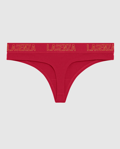 Thong Panty with Logo Band in Cosmo Red