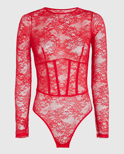 Unlined Long Sleeve Bodysuit in Cosmo Red