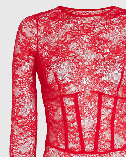 Unlined Long Sleeve Bodysuit in Cosmo Red