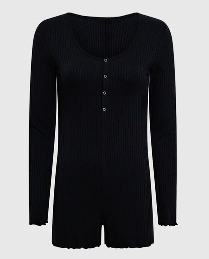 Long Sleeve Ribbed Onesie in Smoulder Black