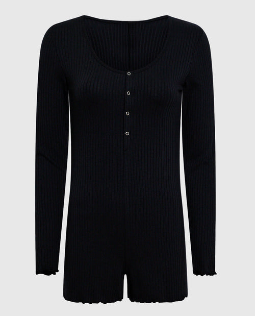 Long Sleeve Ribbed Onesie in Smoulder Black