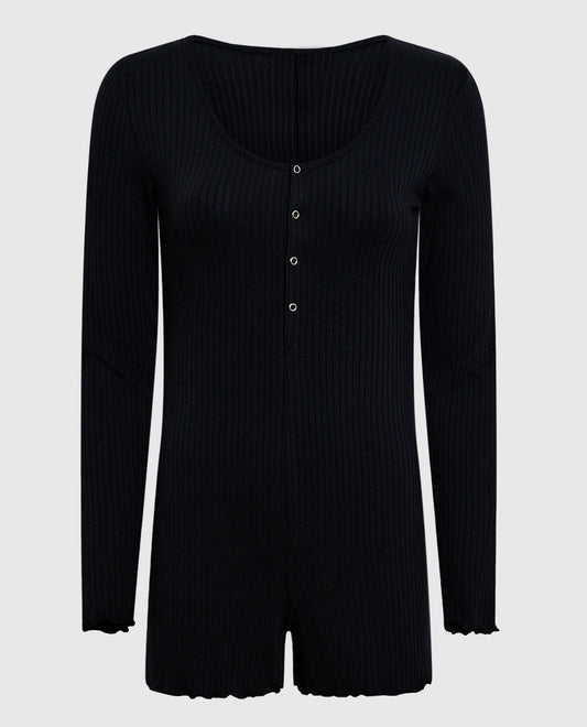 Long Sleeve Ribbed Onesie in Smoulder Black
