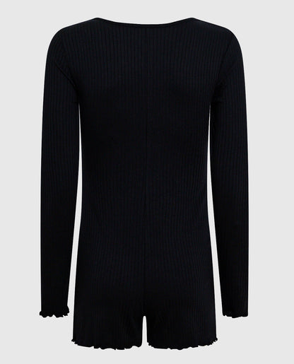 Long Sleeve Ribbed Onesie in Smoulder Black