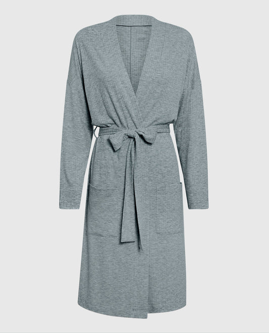 Long Sleeve Ribbed Robe in Cool Gray