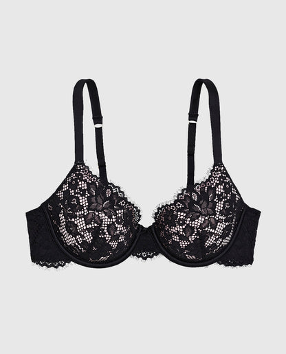Lightly Lined Lace Full Coverage Bra in Black and Pink