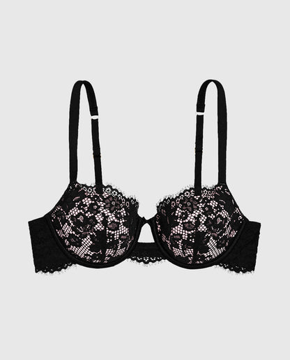 Lightly Lined Balconette Bra with Lace in Black