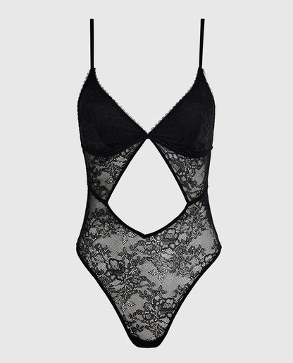 Unlined Lace Bodysuit with Cutout in Black
