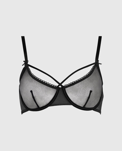 Unlined Mesh Bra with Picot Trim in Black