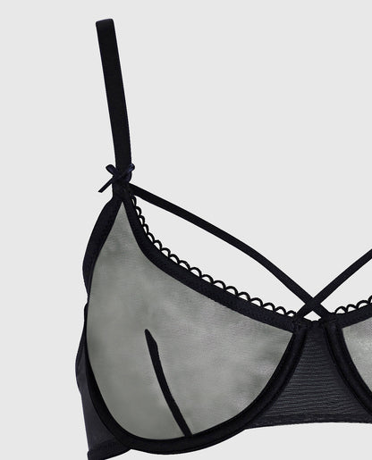 Unlined Mesh Bra with Picot Trim in Black