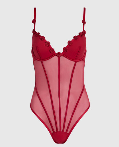 Unlined Mesh Bodysuit with Rosettes in Cosmo Red