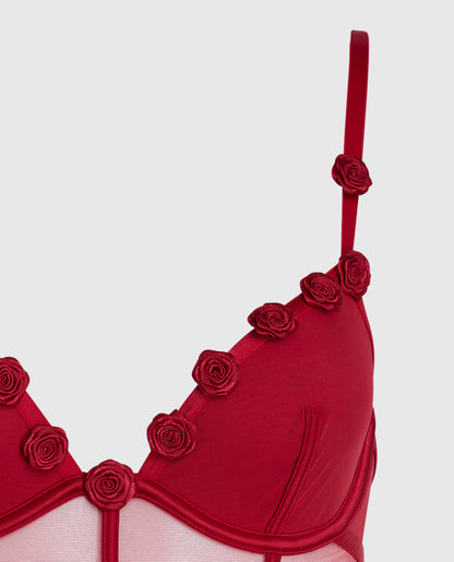 Unlined Mesh Bodysuit with Rosettes in Cosmo Red