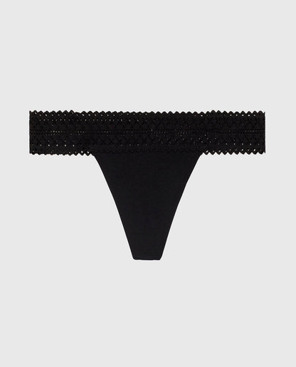 Thong Panty with Lace Trim in Tuxedo Black
