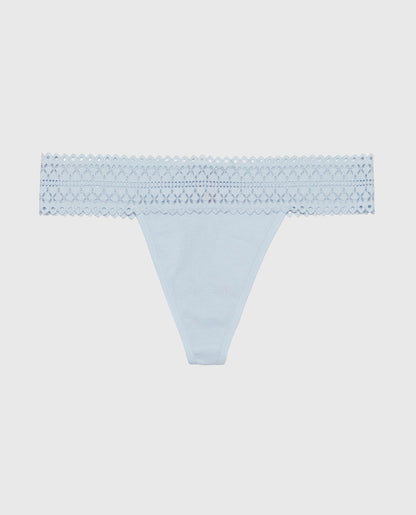 Thong Panty with Lace Trim in Subdued Blue