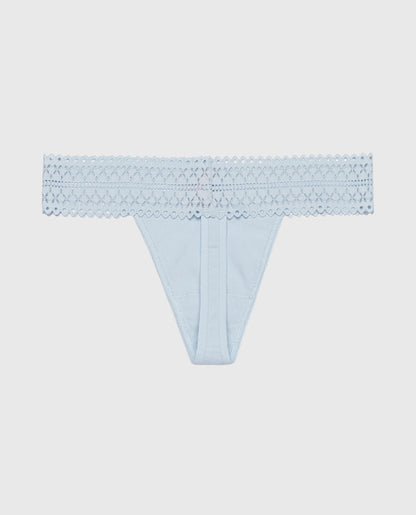 Thong Panty with Lace Trim in Subdued Blue