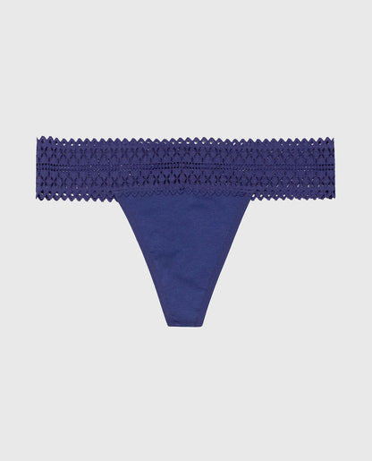 Thong Panty with Lace Trim in Dusk Blue