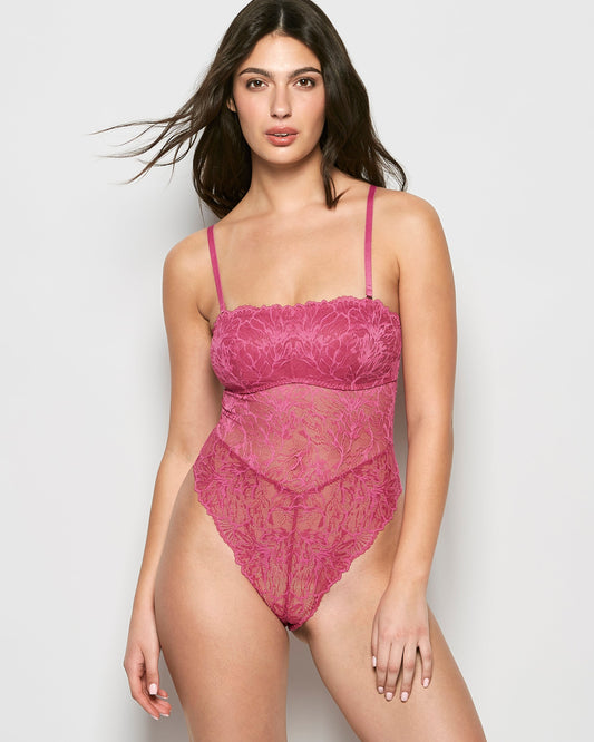 Allover Lace Open Back Bodysuit in Electric Rouge