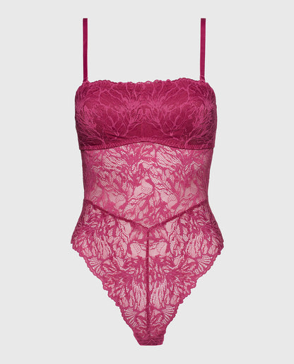 Allover Lace Open Back Bodysuit in Electric Rouge