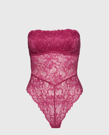 Allover Lace Open Back Bodysuit in Electric Rouge