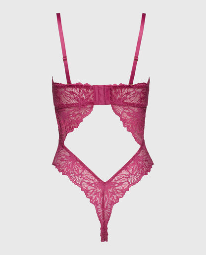 Allover Lace Open Back Bodysuit in Electric Rouge