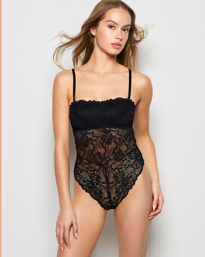 Allover Lace Open Back Bodysuit in Tuxedo Black