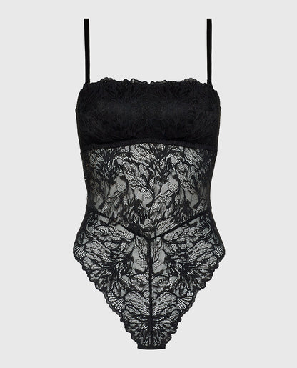 Allover Lace Open Back Bodysuit in Tuxedo Black