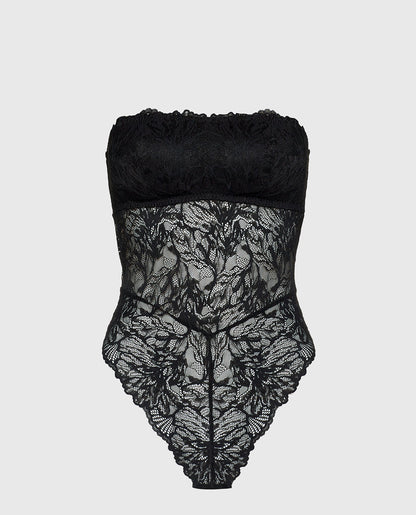 Allover Lace Open Back Bodysuit in Tuxedo Black