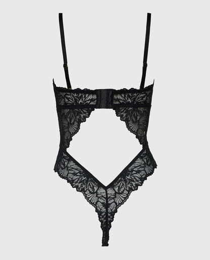 Allover Lace Open Back Bodysuit in Tuxedo Black