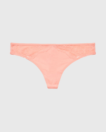 Thong Panty with Lace Micro Trim in Peach Fizz
