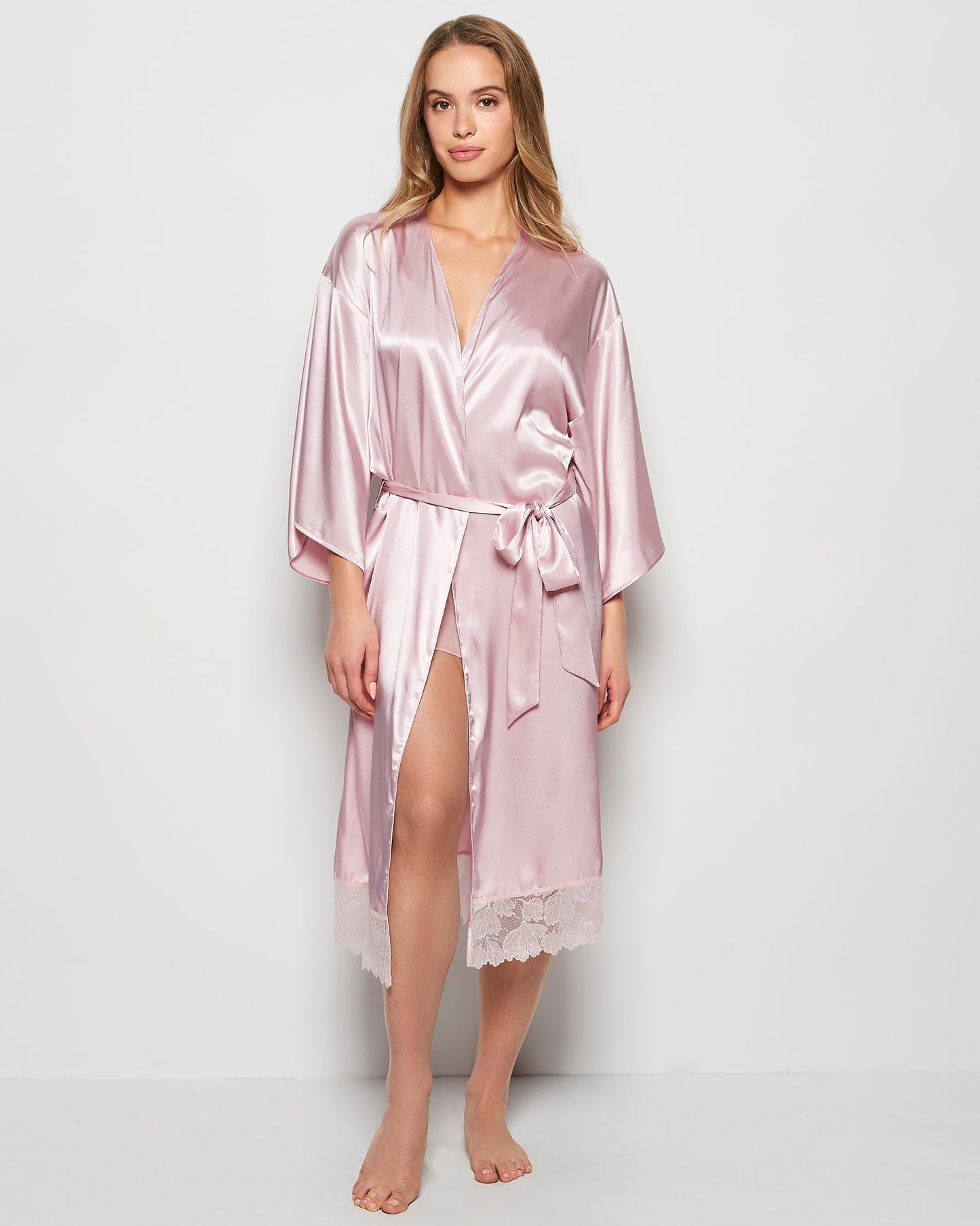 Satin Mid Length Robe with Lace in Iced Lilac