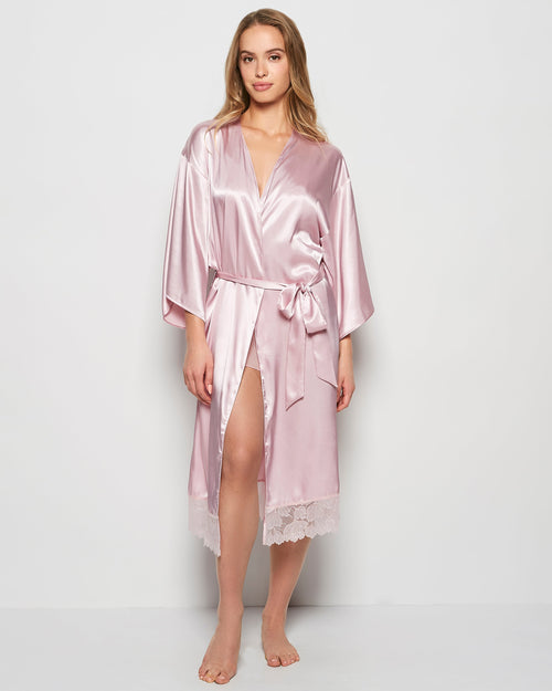 Satin Mid Length Robe with Lace in Iced Lilac