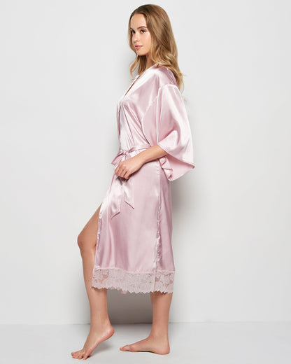 Satin Mid Length Robe with Lace in Iced Lilac