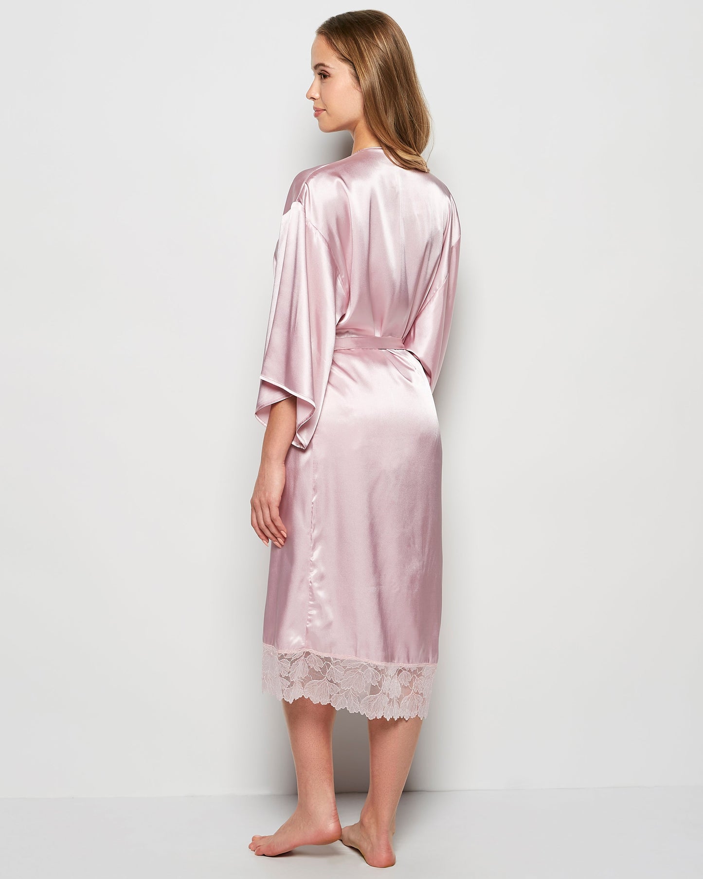 Satin Mid Length Robe with Lace in Iced Lilac